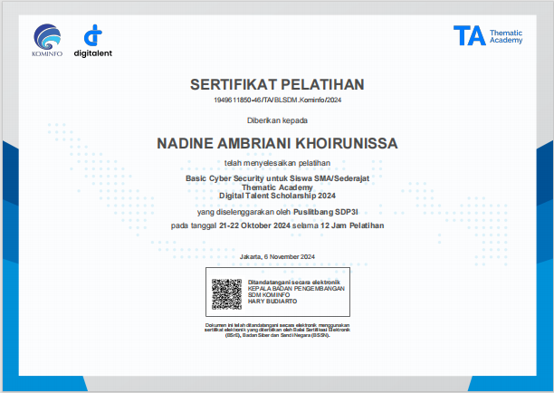 Certificate — Basic Cyber Security untuk Siswa SMA/Sederajat